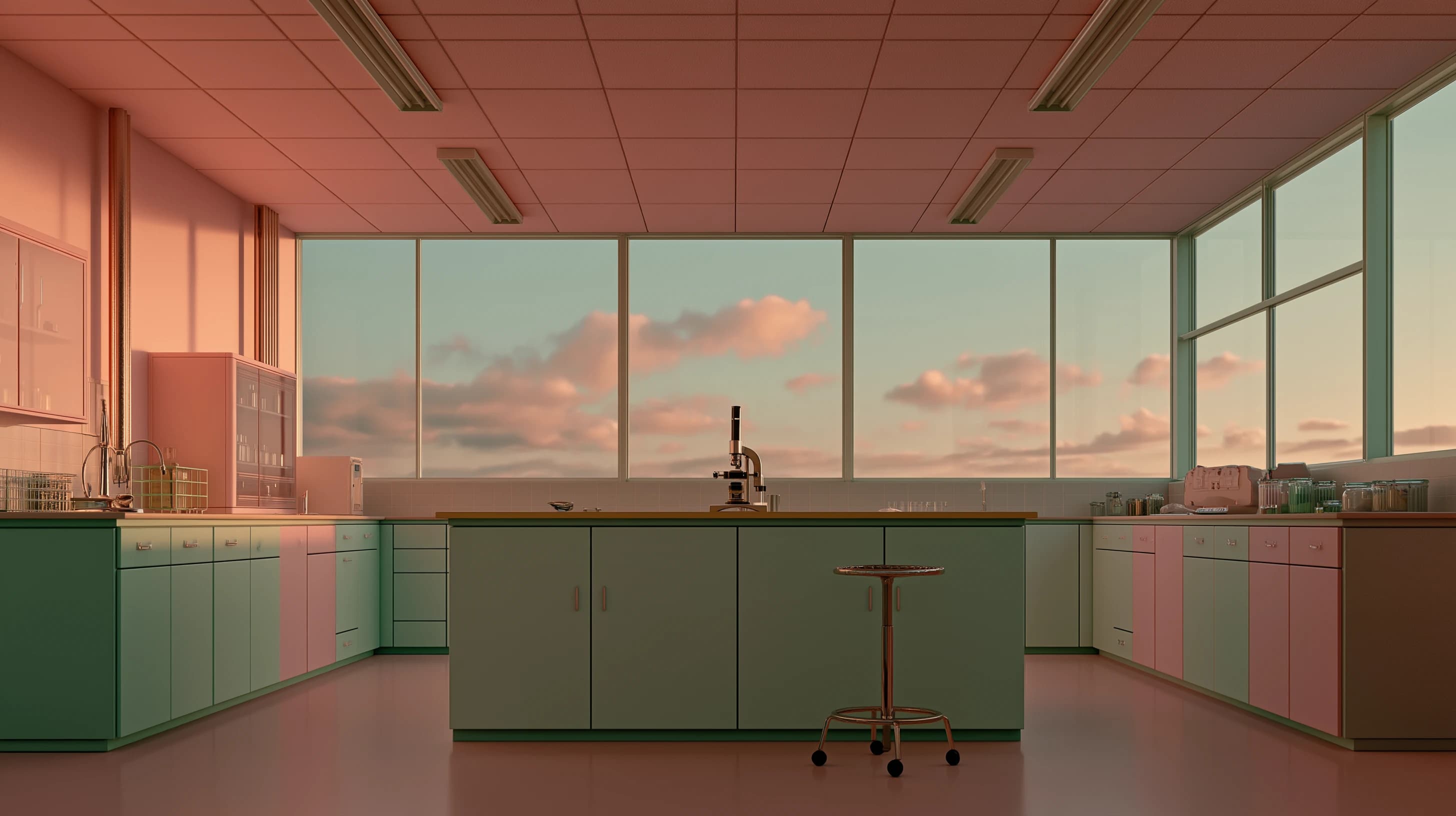 Symmetrical pastel laboratory in pink, mint and mustard