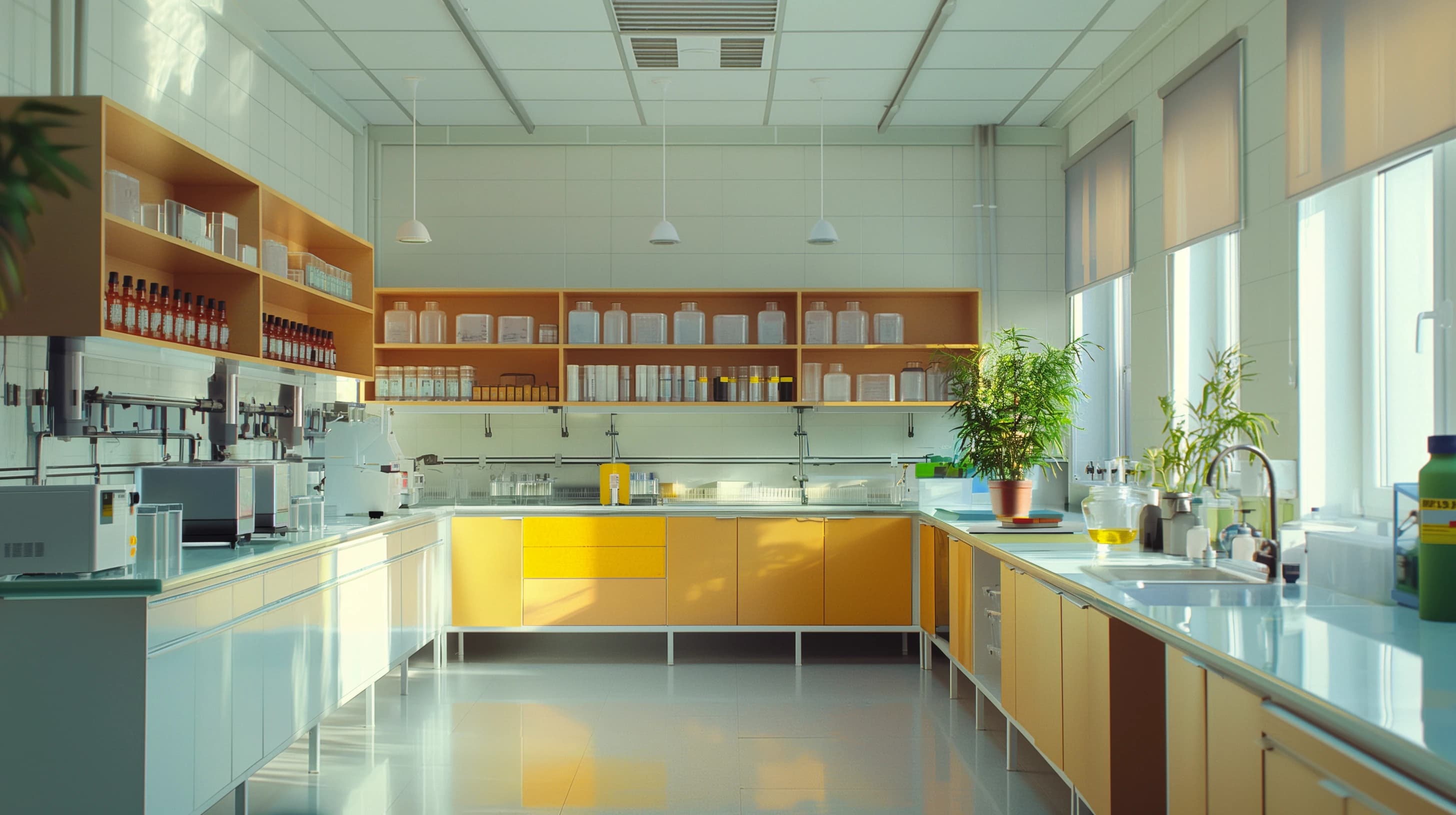 Retro laboratory with yellow cabinets