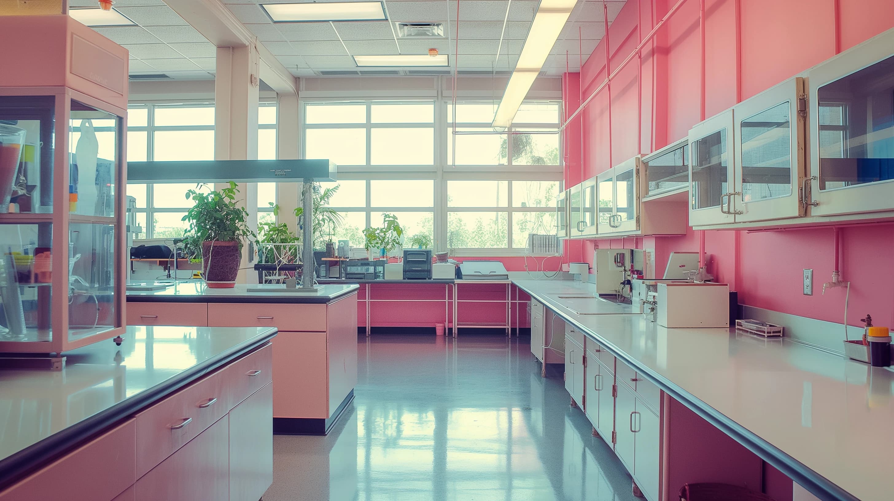 Pink 1970s laboratory with pastel cabinets