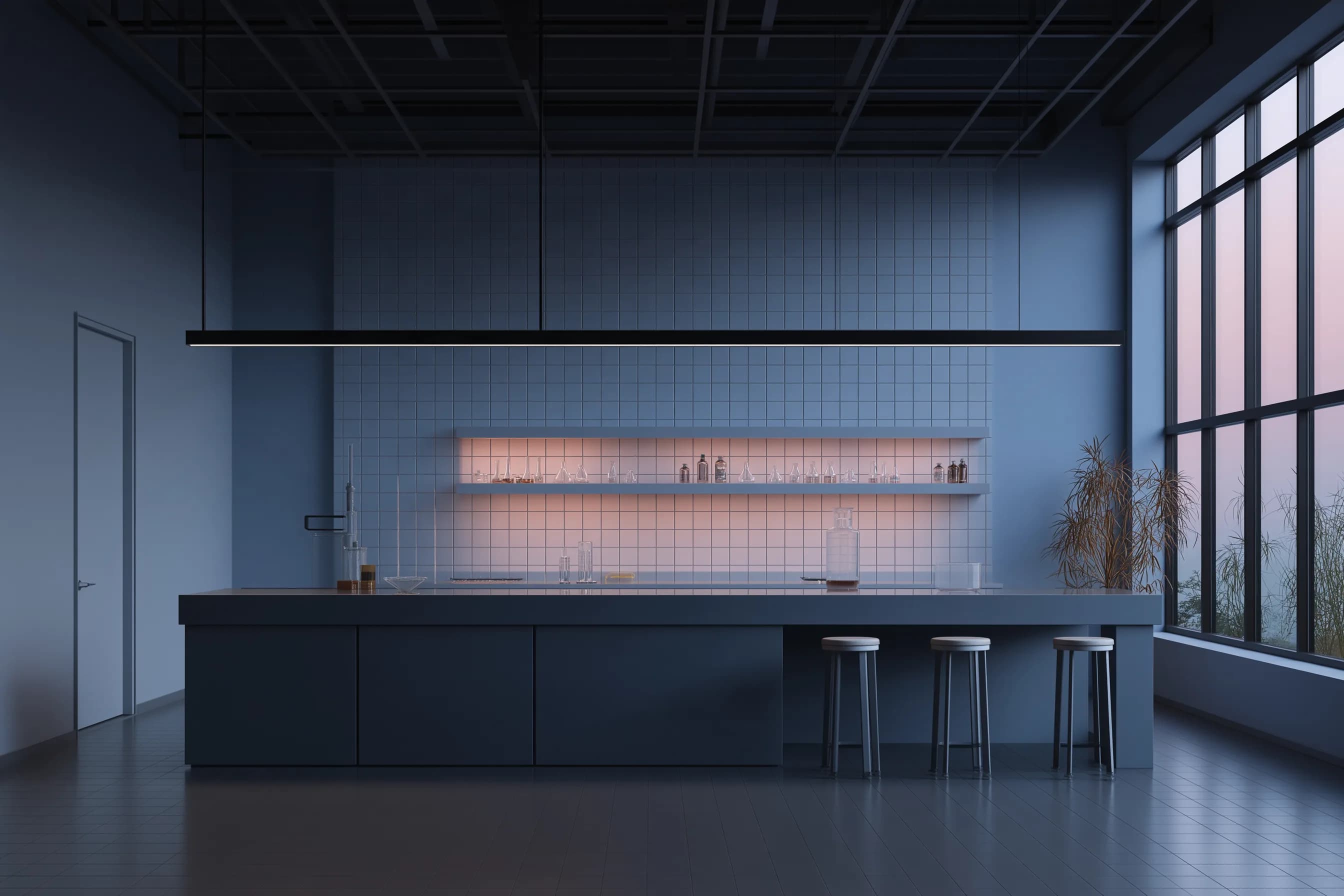Minimalist industrial loft laboratory at blue dusk